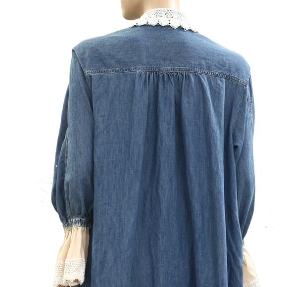 Free People Denim Crochet Lace Midi Dress Long Bell Sleeve Blue XL New 284086 - Picture 4 of 4